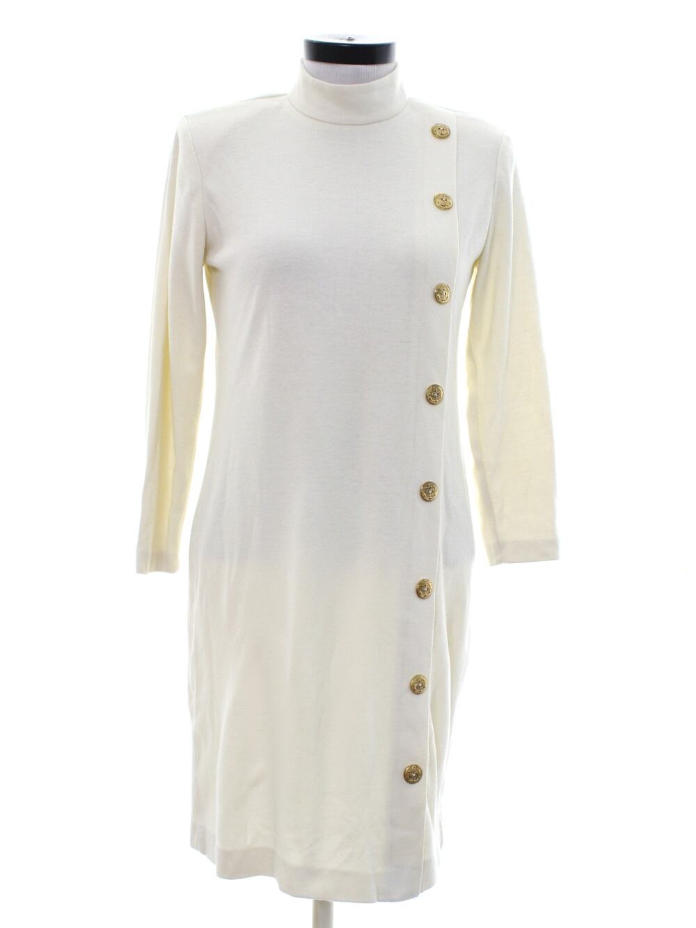 Vintage 80s Positive Attitude Ivory Sweater Dress Gold Anchor Buttons Medium